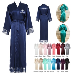 9/10 Sleeves Breathable Silky Satin Robe with Lace Trim